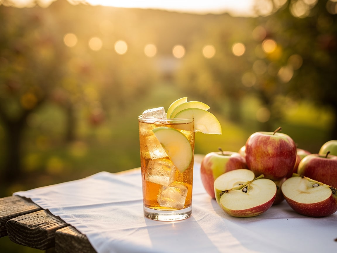 Pommeau tonic avec tranches de pomme verte, cocktail de mariage d'automne