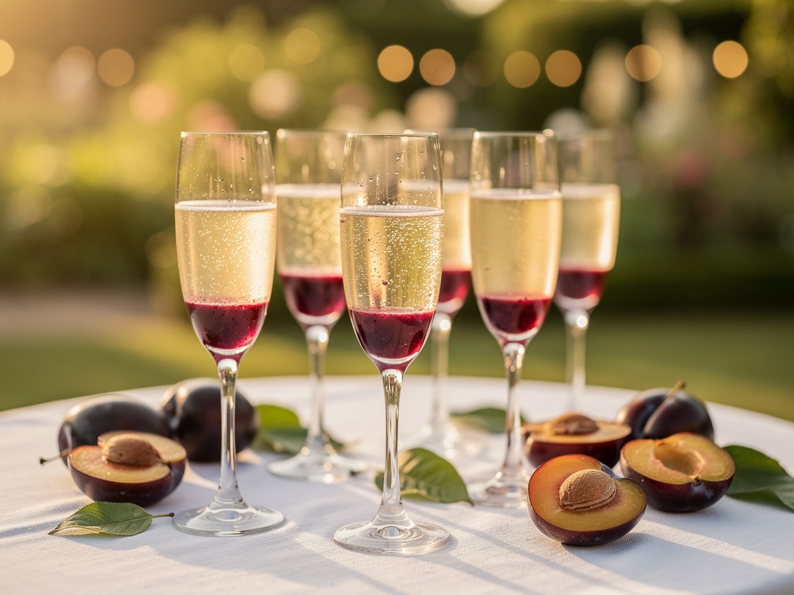 Cocktail prune et prosecco en flûtes avec prunes coupées, idée de fin d'été