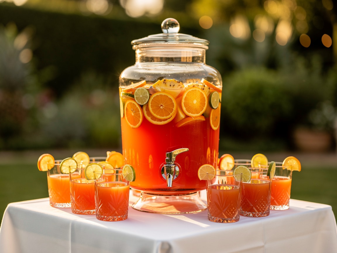 Punch au rhum servi en bonbonne à robinet avec agrumes pour un mariage