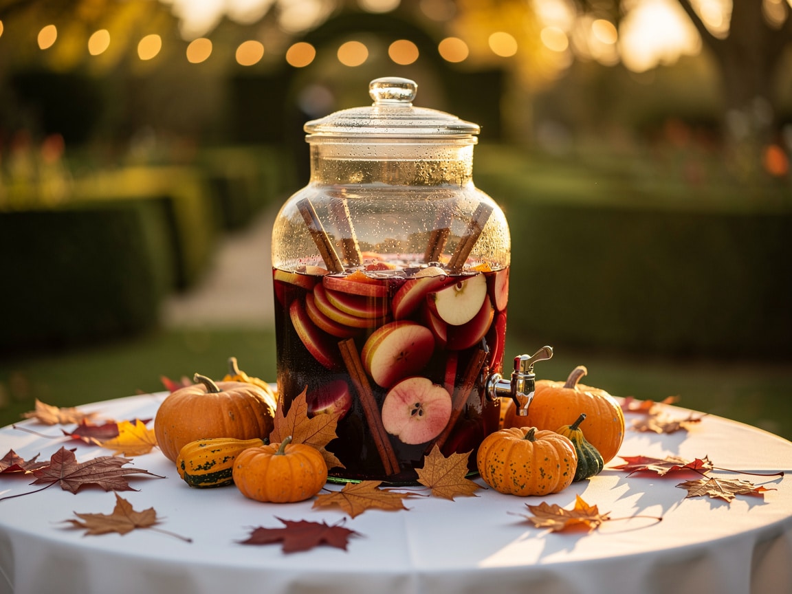 Sangria d'automne au vin rouge, pomme et cannelle en bonbonne, décor de citrouilles