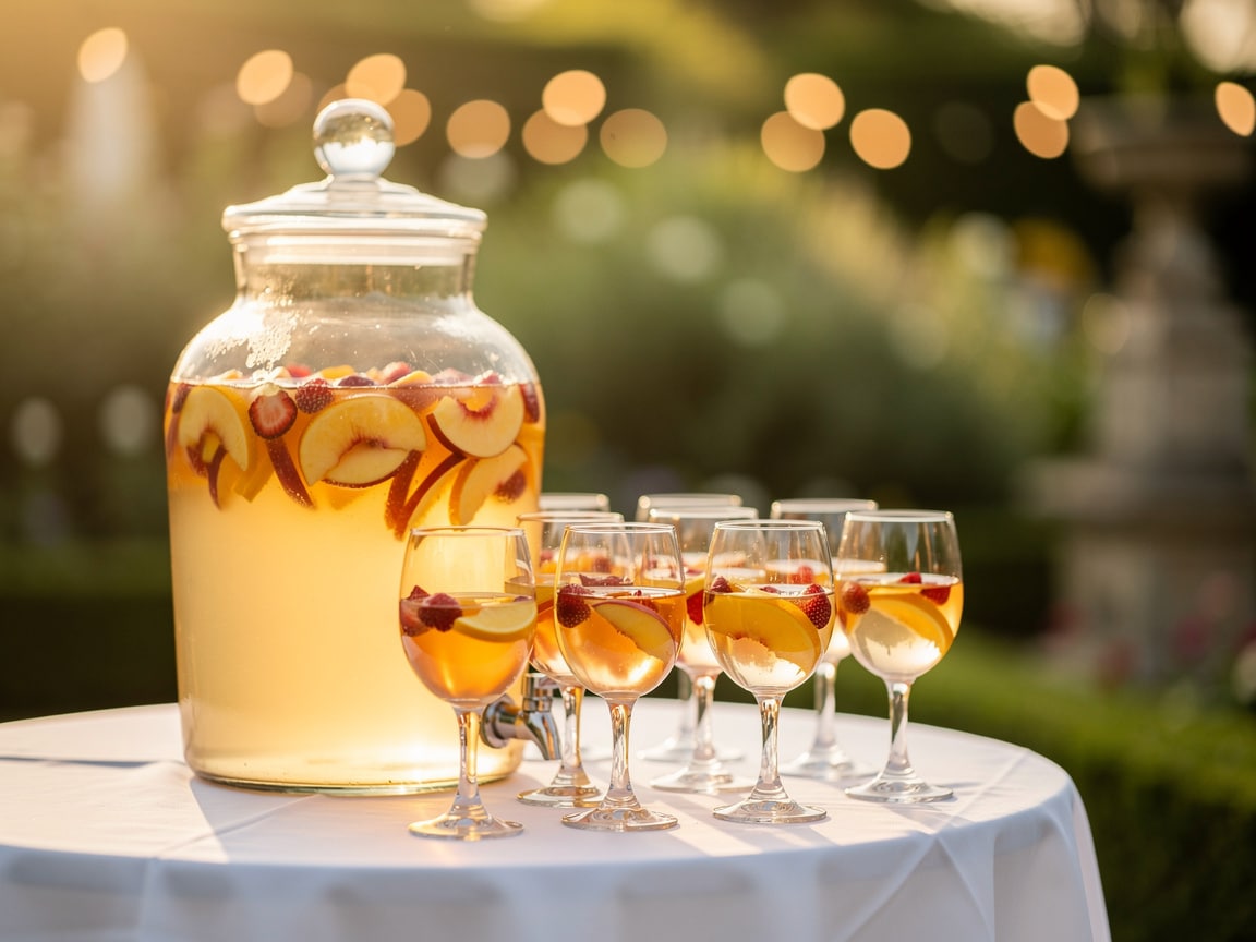 Sangria au vin pétillant et fruits frais en bonbonne pour un vin d'honneur d'été