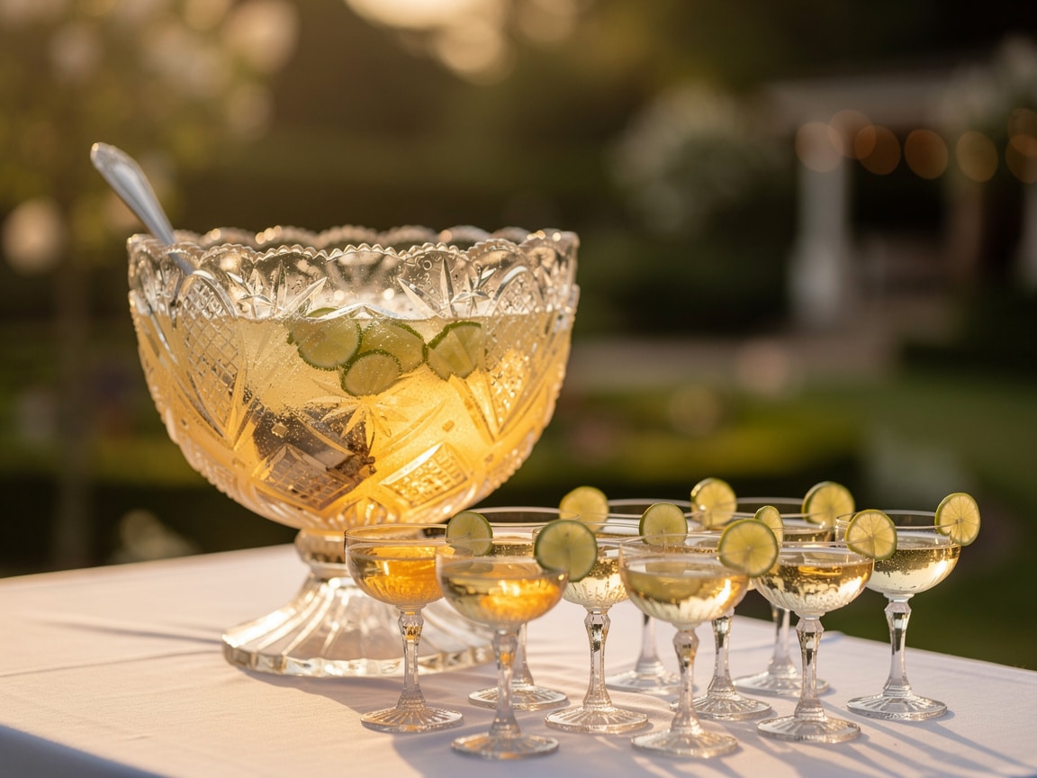 Soupe champenoise servie en saladier de cristal avec coupes remplies pour un vin d'honneur