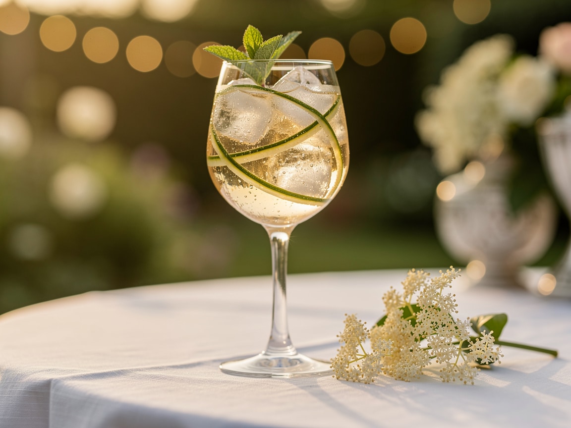 Spritz à la fleur de sureau avec rubans de concombre et menthe pour un cocktail de mariage