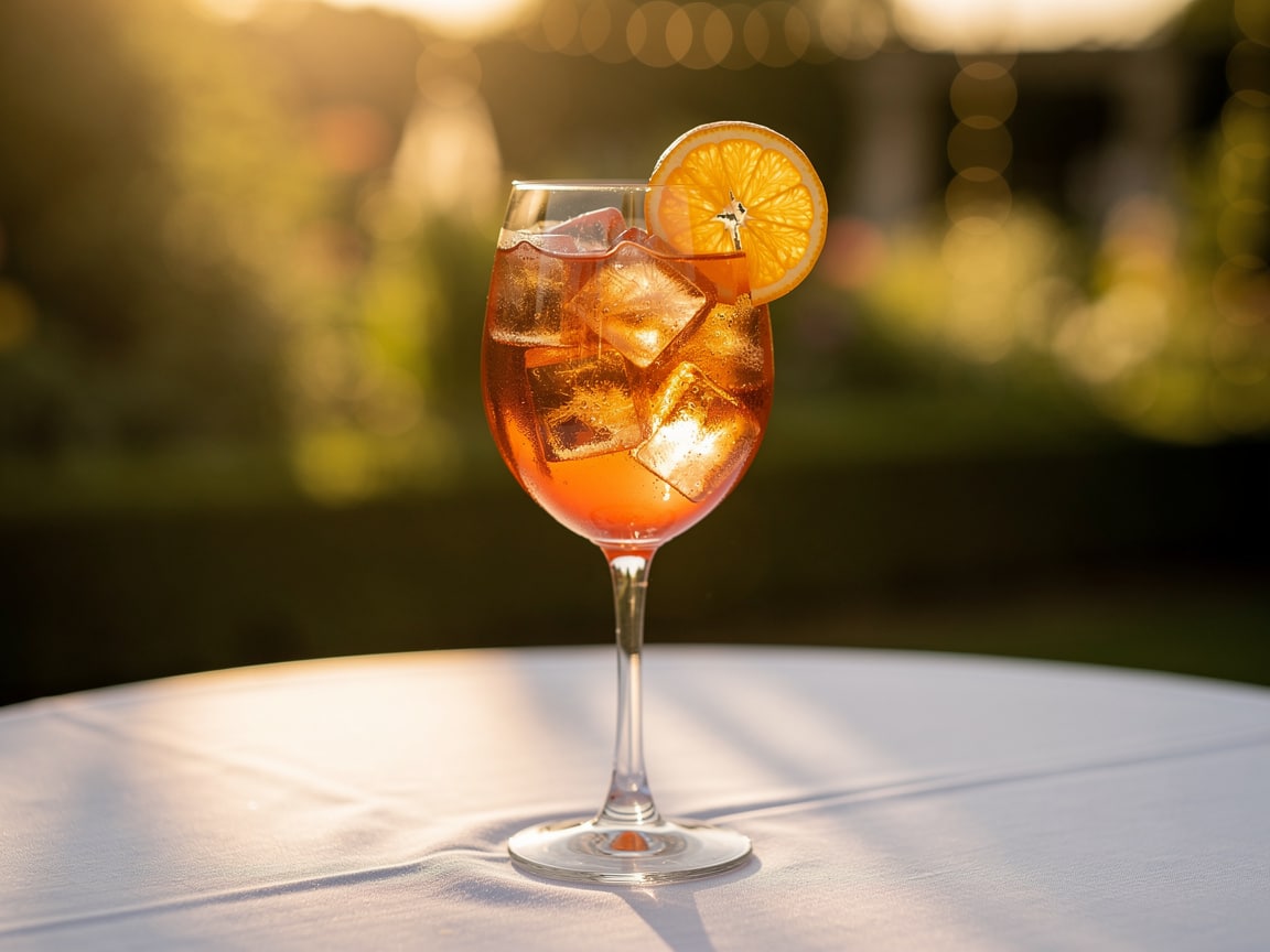 Spritz orangé en verre à vin avec glaçons et rondelle d'orange sur une table de mariage