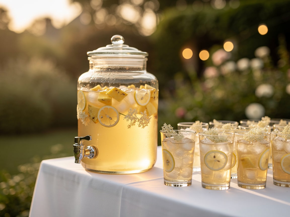Thé glacé à la fleur de sureau et ananas en fontaine à boissons pour un mariage