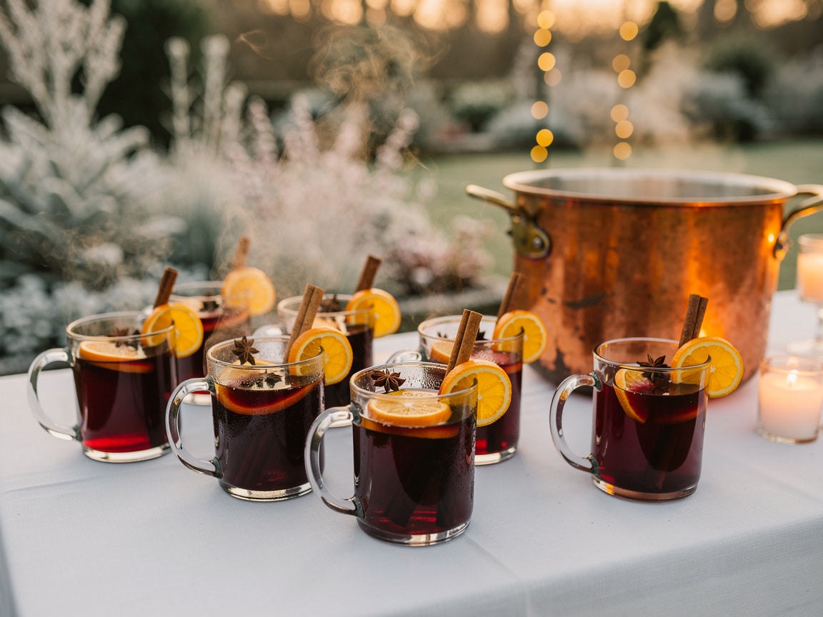 Vin chaud aux épices et orange en tasses de verre pour un mariage d'hiver