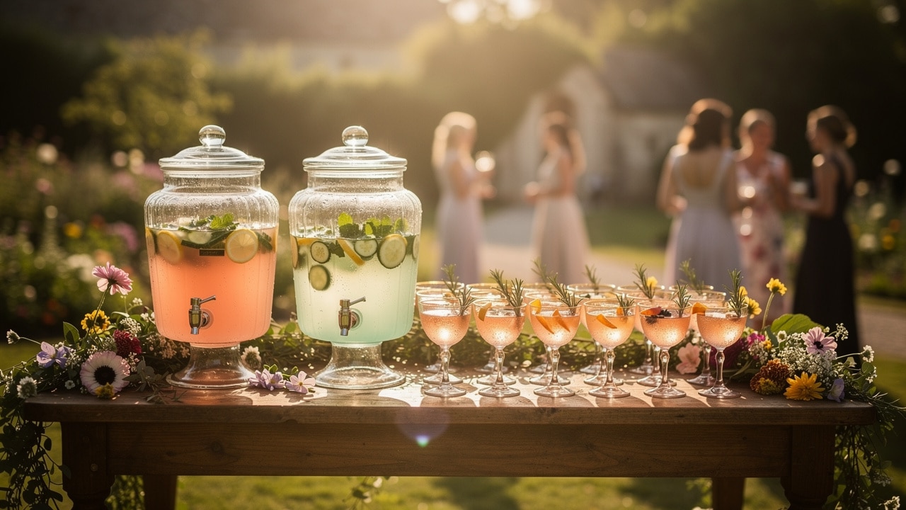 Bar à cocktails de mariage en plein air avec fontaines de limonade et coupes garnies de romarin