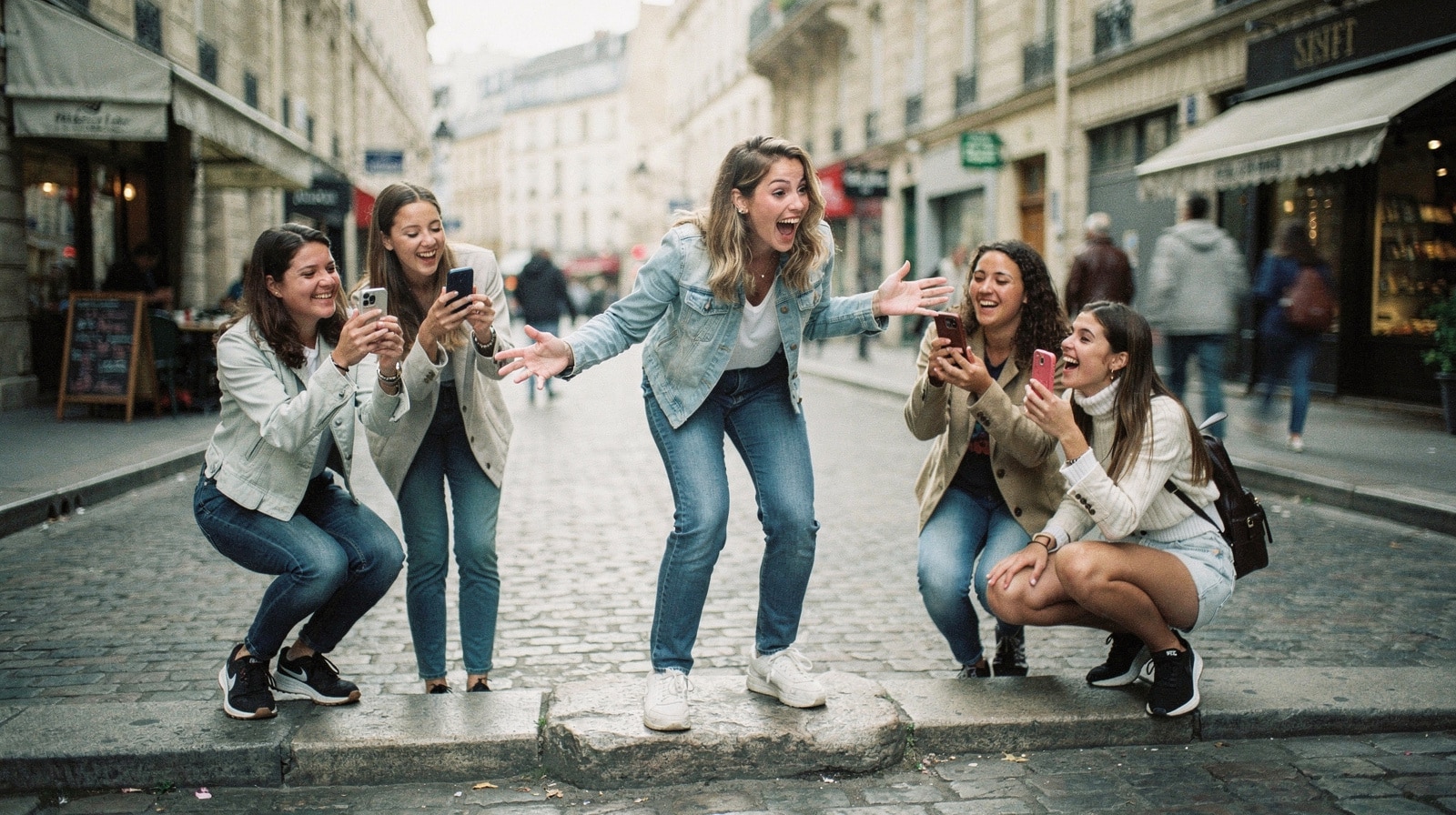 Defi EVJF dans la rue : une amie releve un gage sur une borne pendant que le groupe la filme