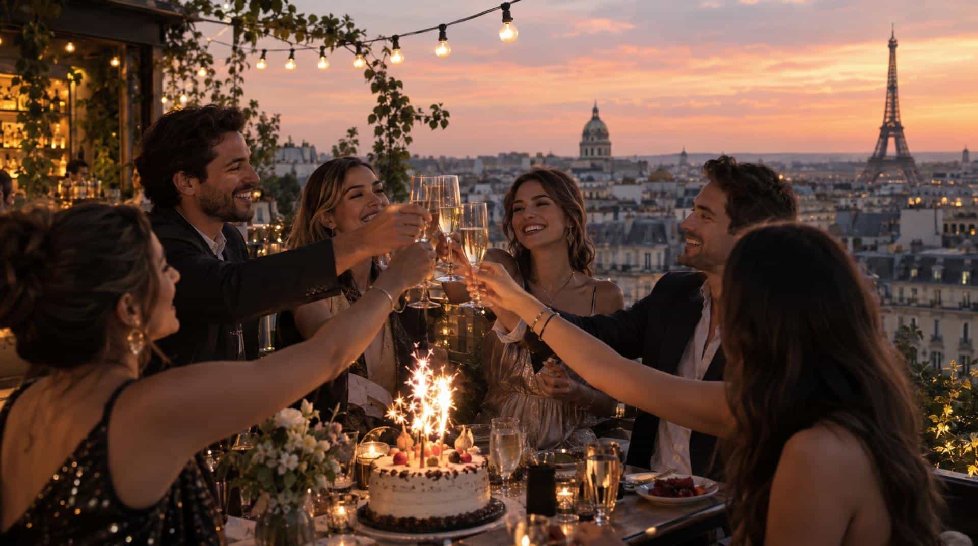 Fêter un anniversaire à Paris sur un rooftop entre amis, gâteau et vue sur les toits