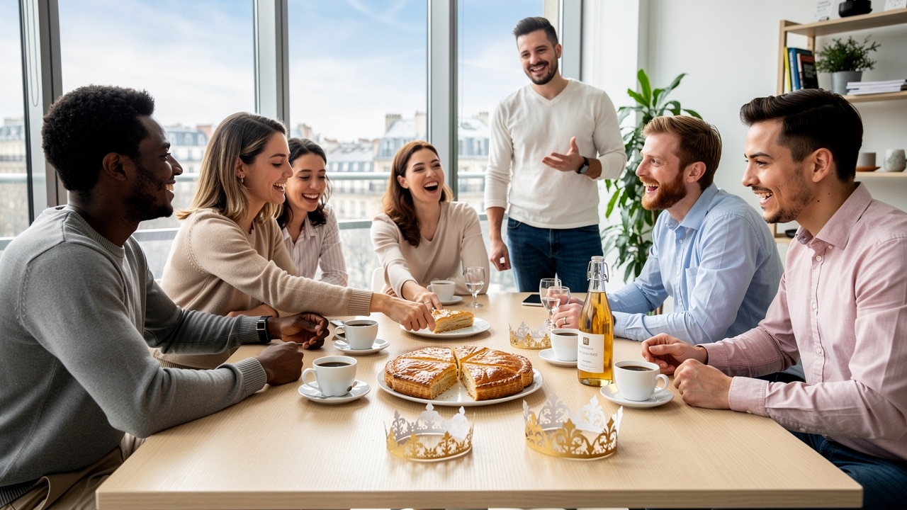 Collègues réunis dans une salle de pause autour d'une galette des rois découpée, couronnes dorées et tasses de café sur la table