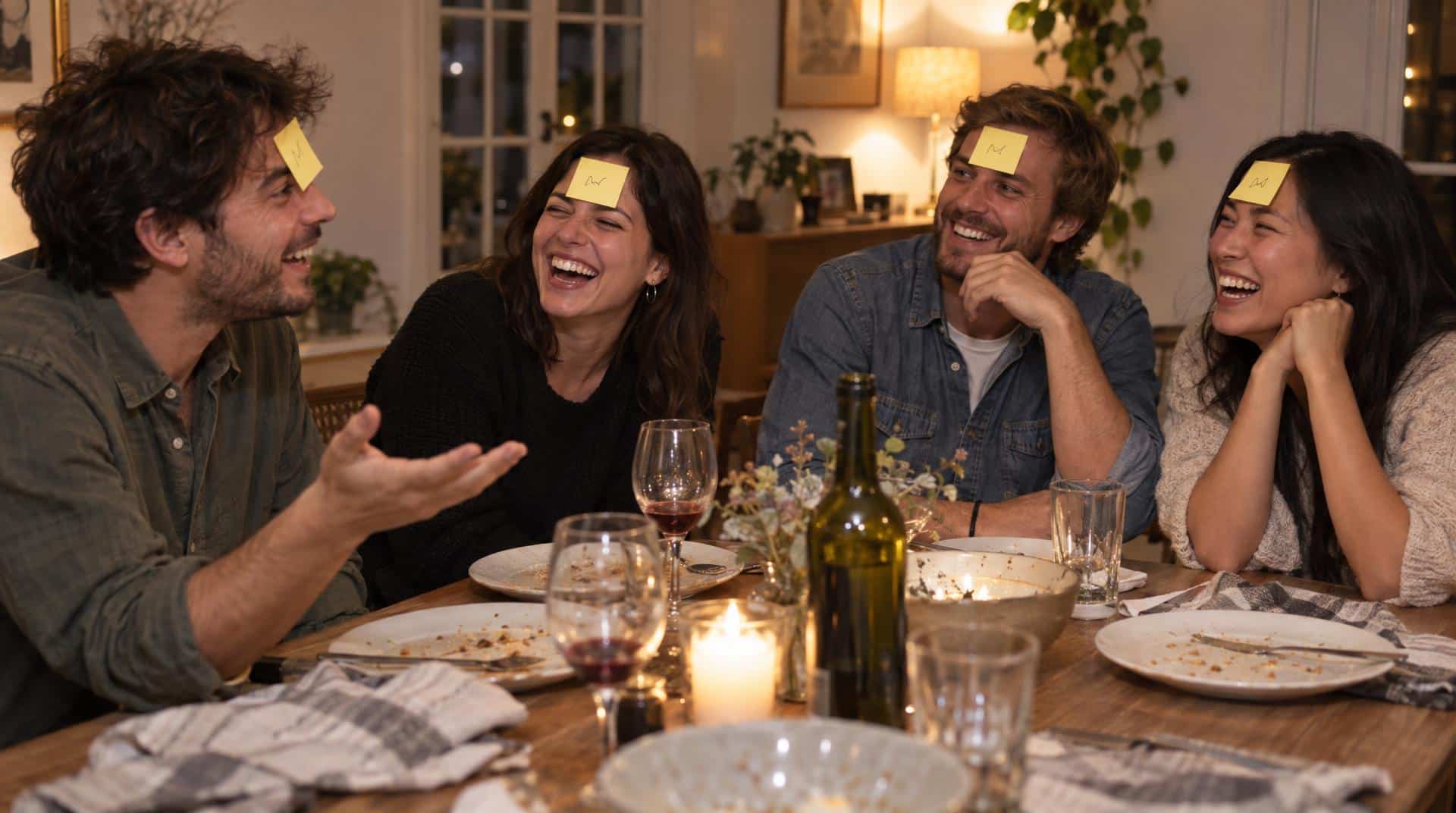 Jeu du Post-it sur le front lors d’une soirée entre amis, après le repas