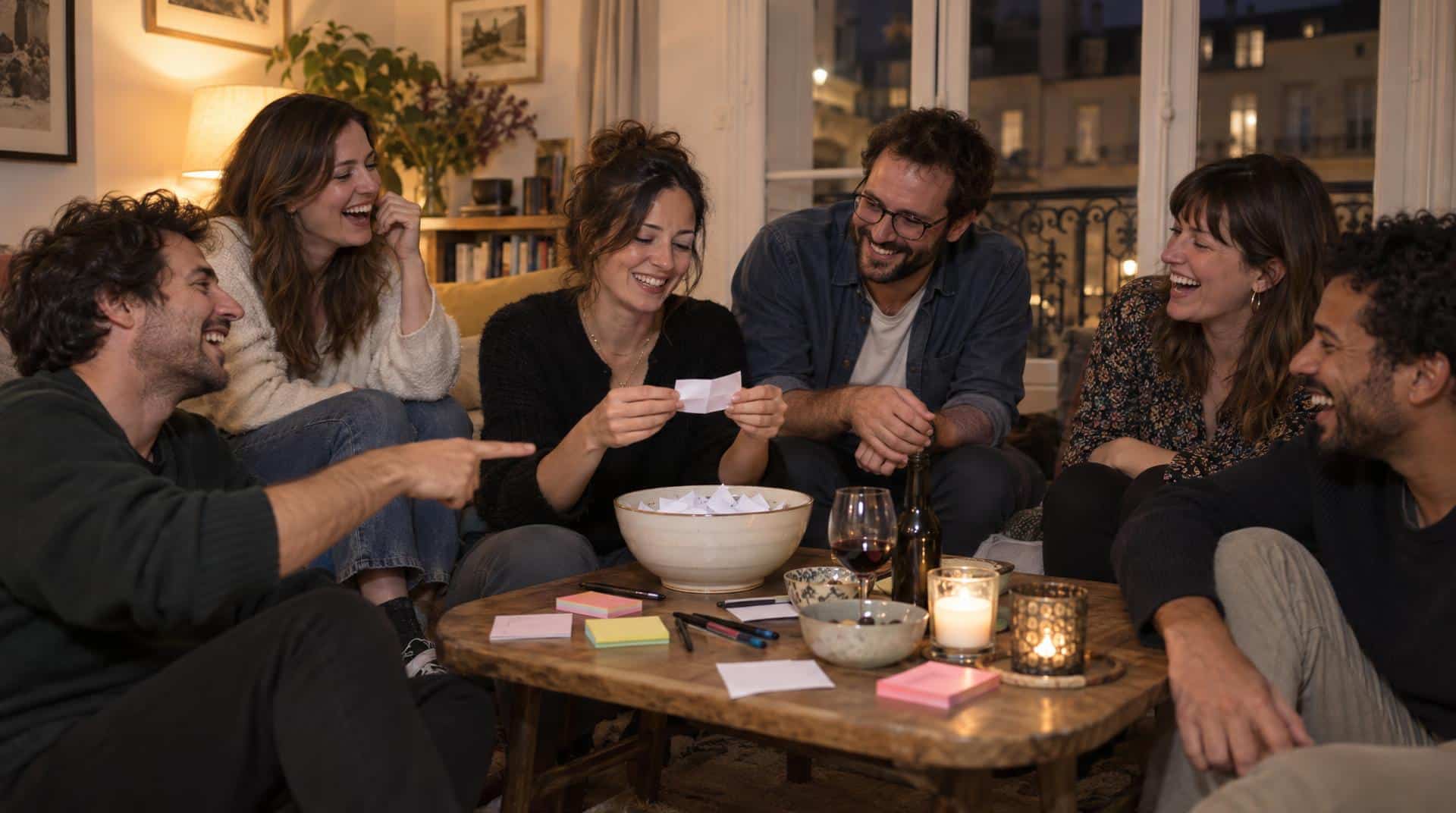 Jeux de soirée entre amis : le jeu du saladier, des papiers pliés à tirer au sort autour de la table basse