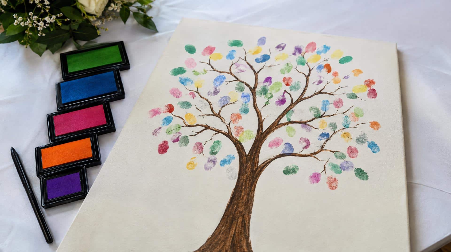 Arbre à empreintes de mariage : les invités posent une empreinte de doigt colorée comme feuille