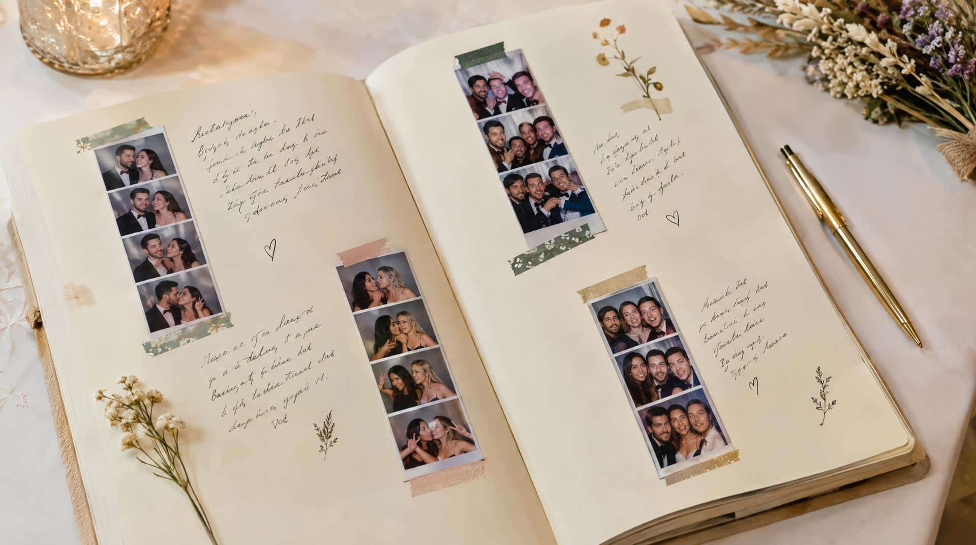 Livre d'or de mariage ouvert avec des bandes de photobooth collées à côté des messages manuscrits