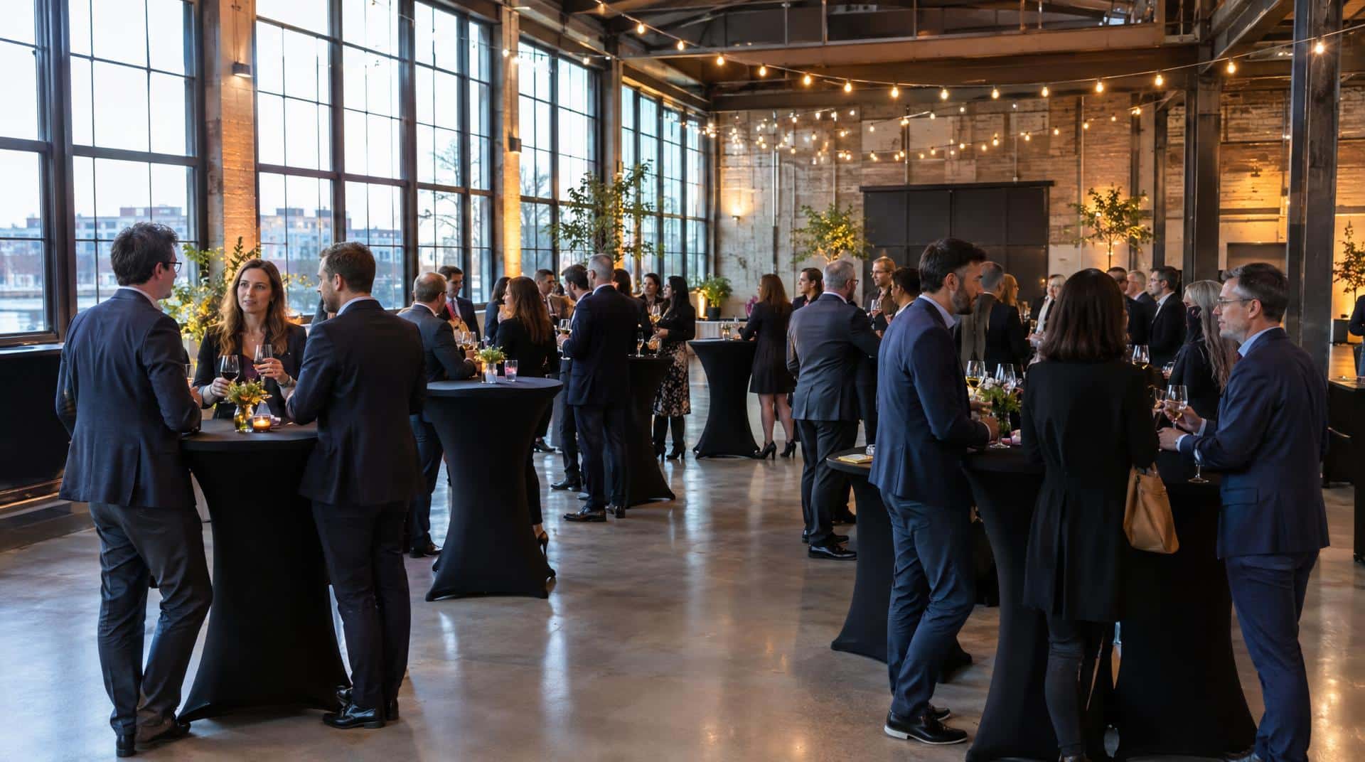 Mange-debout avec housses noires pour un cocktail d'entreprise dans une halle industrielle nantaise