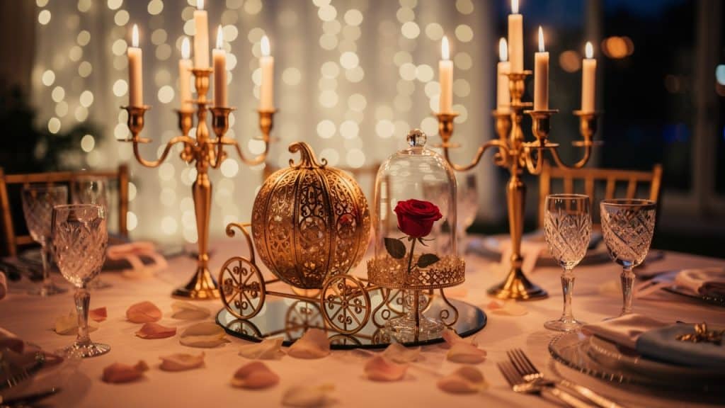 Table de mariage thème conte de fées avec carrosse doré, rose sous cloche et chandeliers