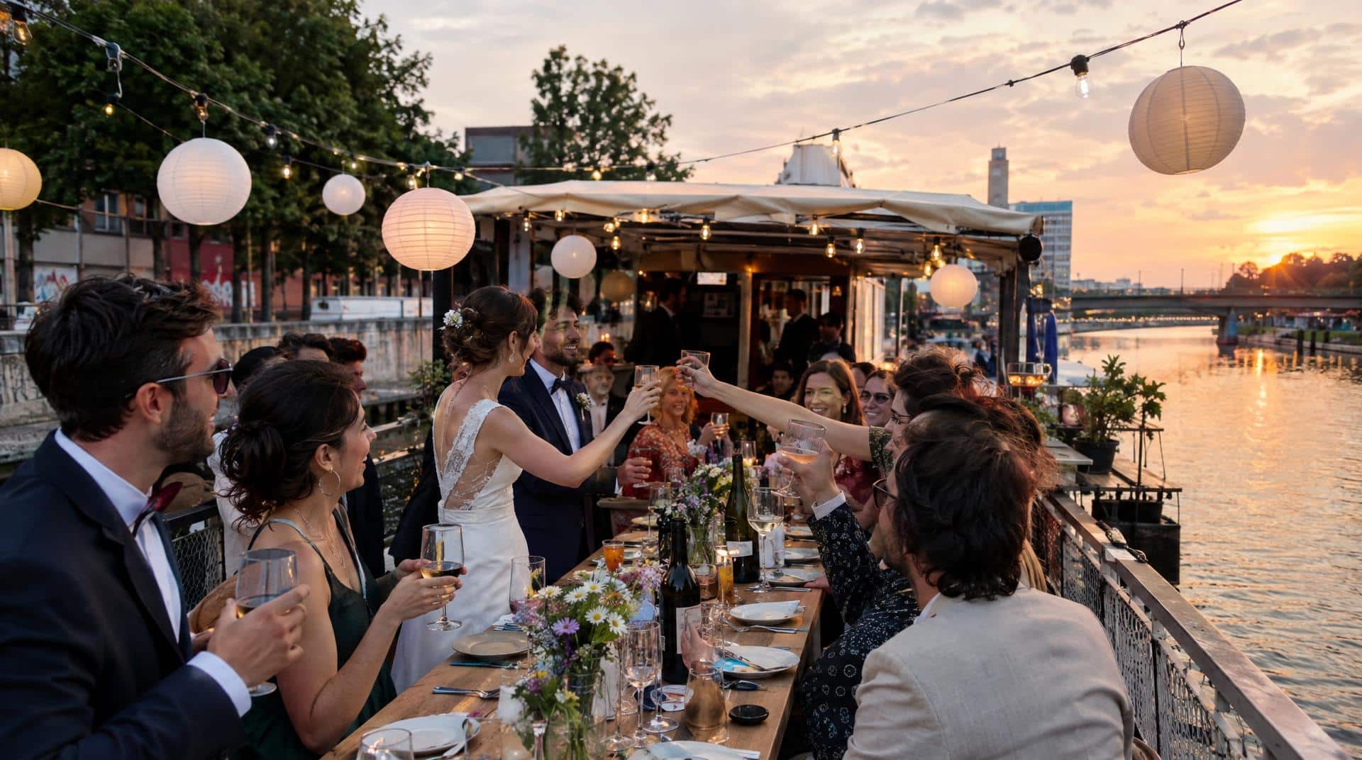 Micro-mariage sur une péniche guinguette du canal de l'Ourcq à Paris, toast des invités au coucher du soleil