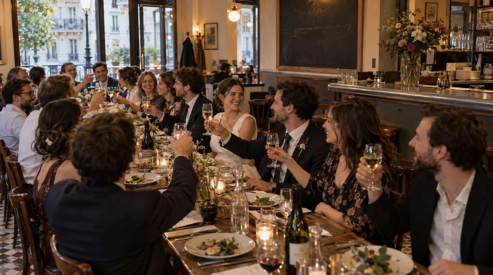 Mosaïque d’idées de mariage à Paris avec restaurant privatisé, péniche sur la Seine, mairie parisienne et micro-mariage intimiste