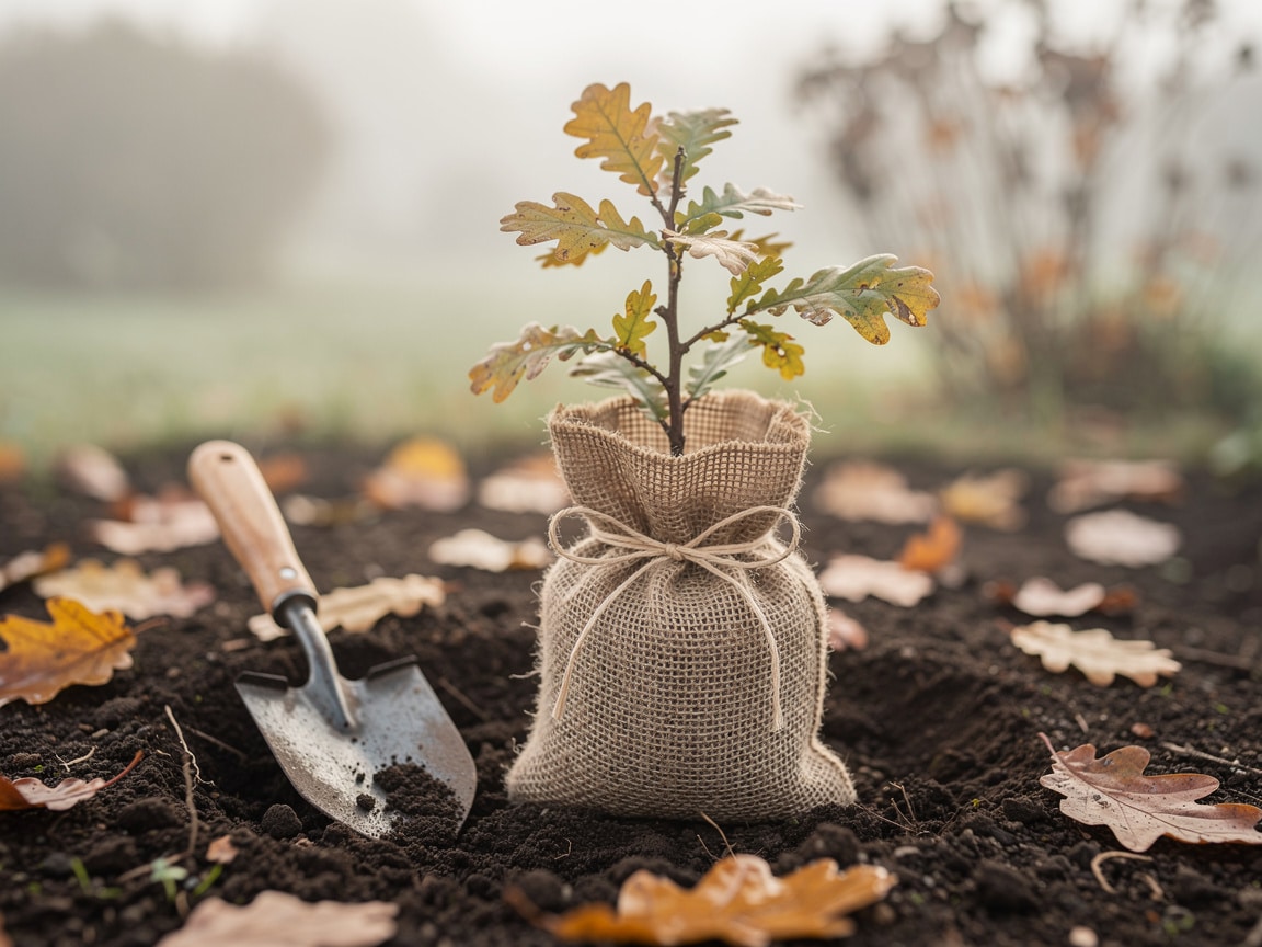 Jeune chêne en racines nues emballé de toile de jute, prêt à planter pour des noces de bois