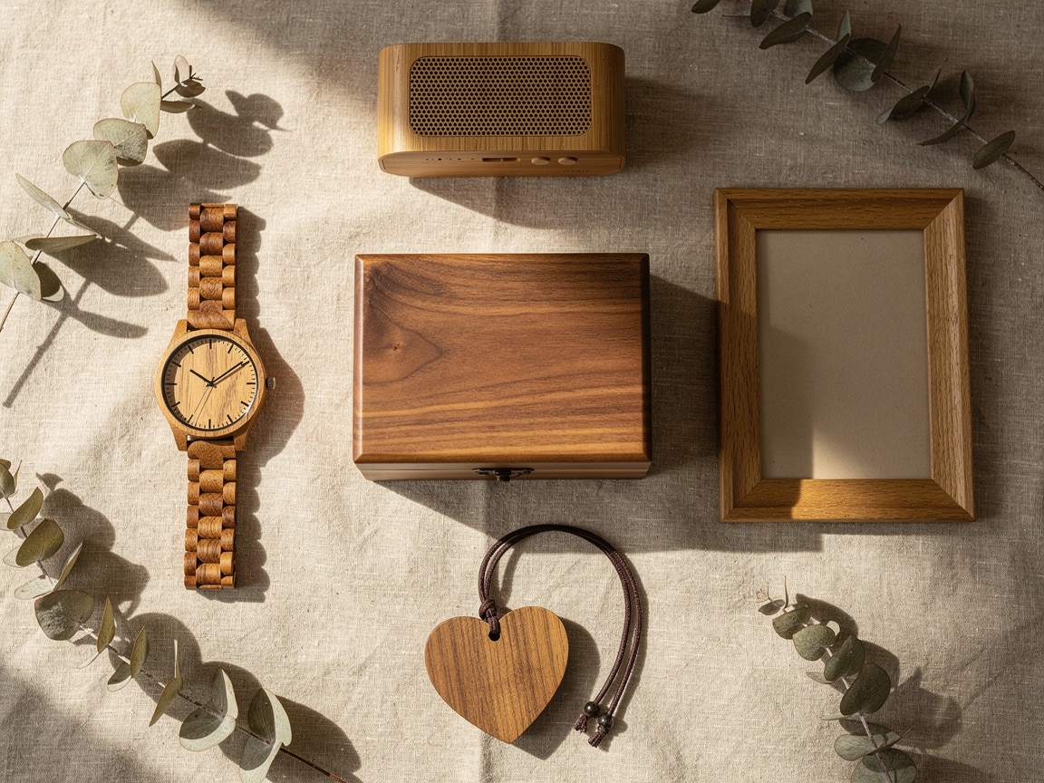 Idées cadeaux en bois pour 5 ans de mariage : montre, coffret, cadre photo, pendentif cœur et enceinte
