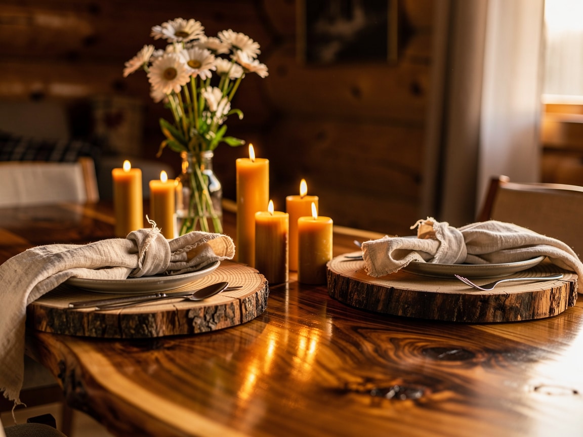 Table de dîner en amoureux pour des noces de bois avec rondins, bougies et marguerites