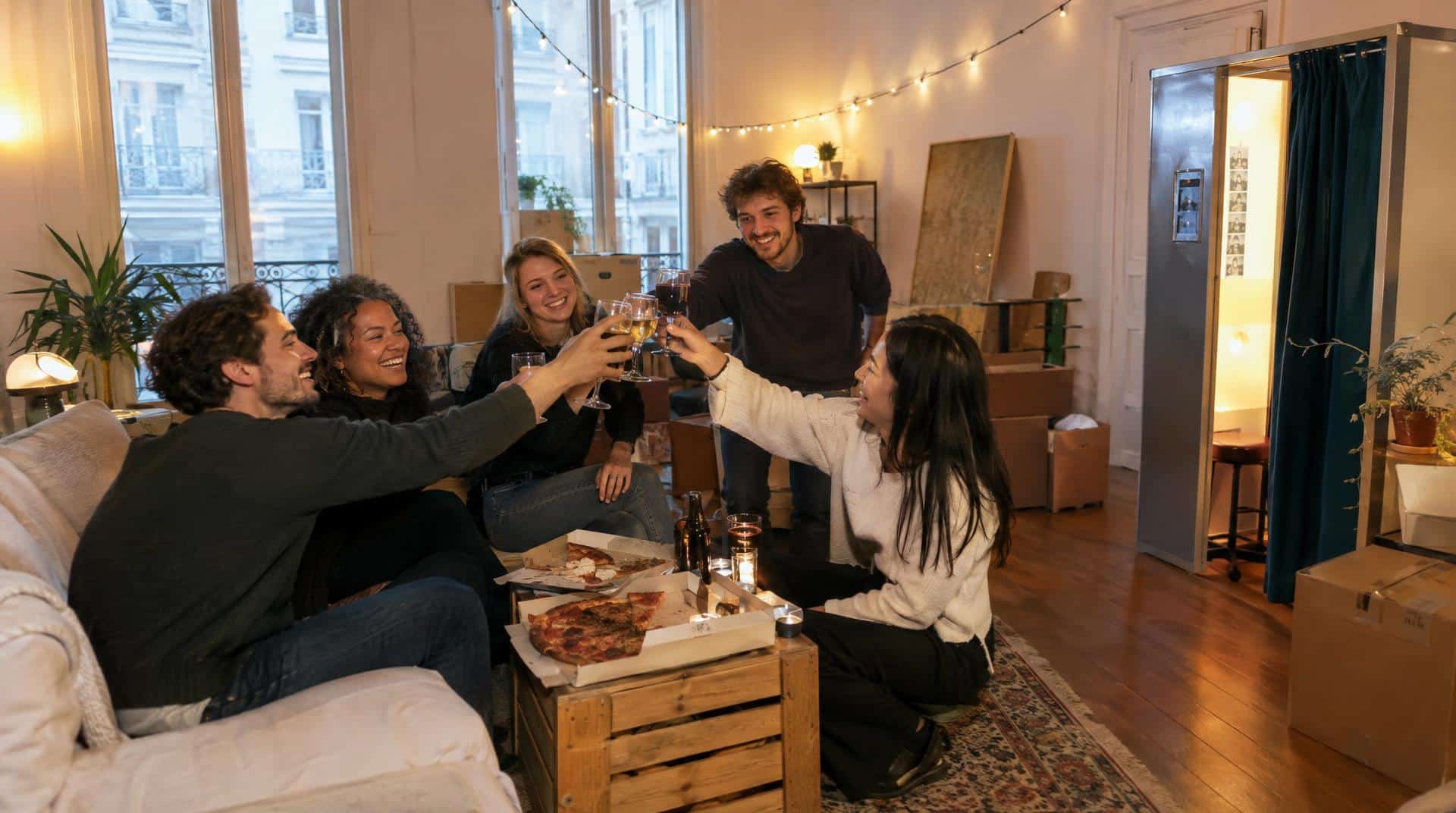 Pendaison de crémaillère dans un appartement parisien, amis qui trinquent au milieu des cartons