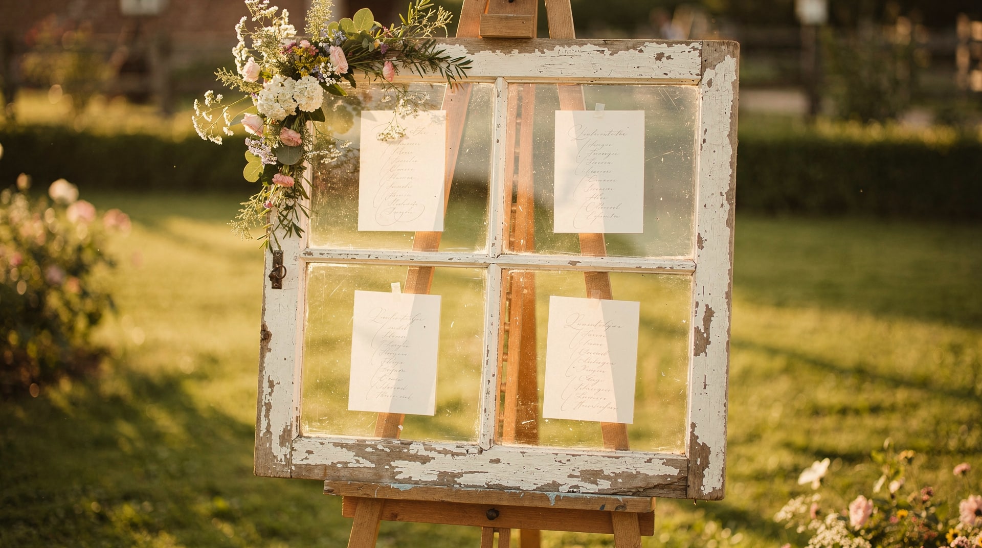 Plan de table mariage champêtre : fenêtre ancienne à quatre carreaux posée sur un chevalet dans un jardin, une carte calligraphiée par vitre et un bouquet de fleurs des champs dans l'angle
