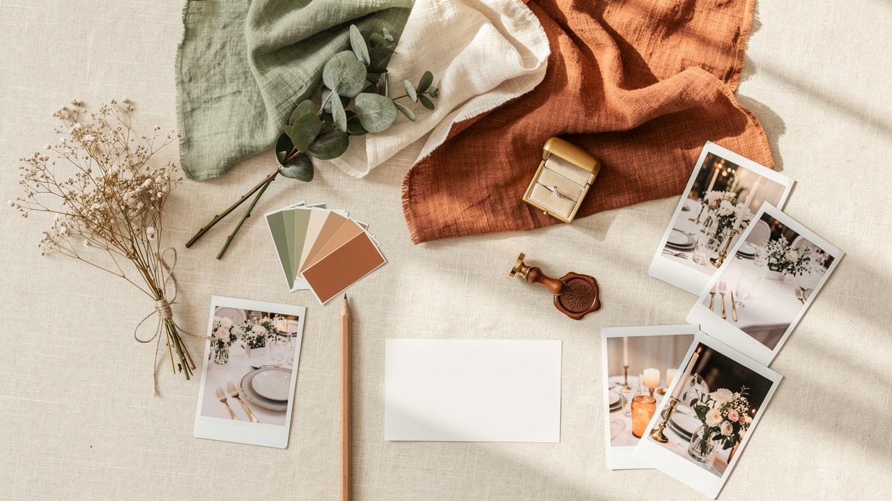 Moodboard de thème de mariage : tissus sauge et terracotta, eucalyptus, nuancier, cachet de cire et photos de décor