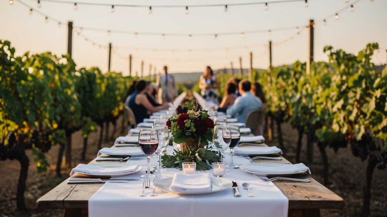 Table de réception de mariage dressée entre les rangs de vigne d'un domaine, au coucher du soleil, sous des guirlandes lumineuses