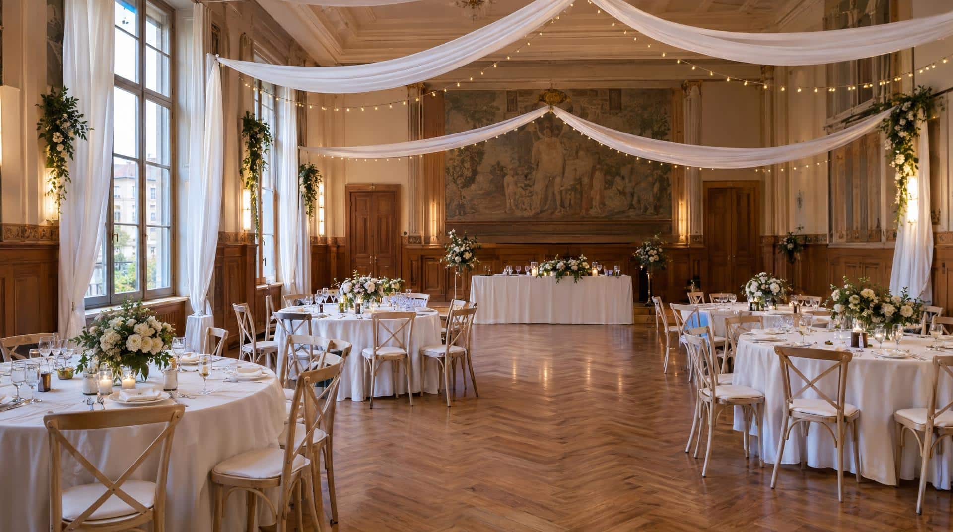 Salle des fêtes municipale parisienne décorée pour un mariage : voilages, guirlandes et tables rondes