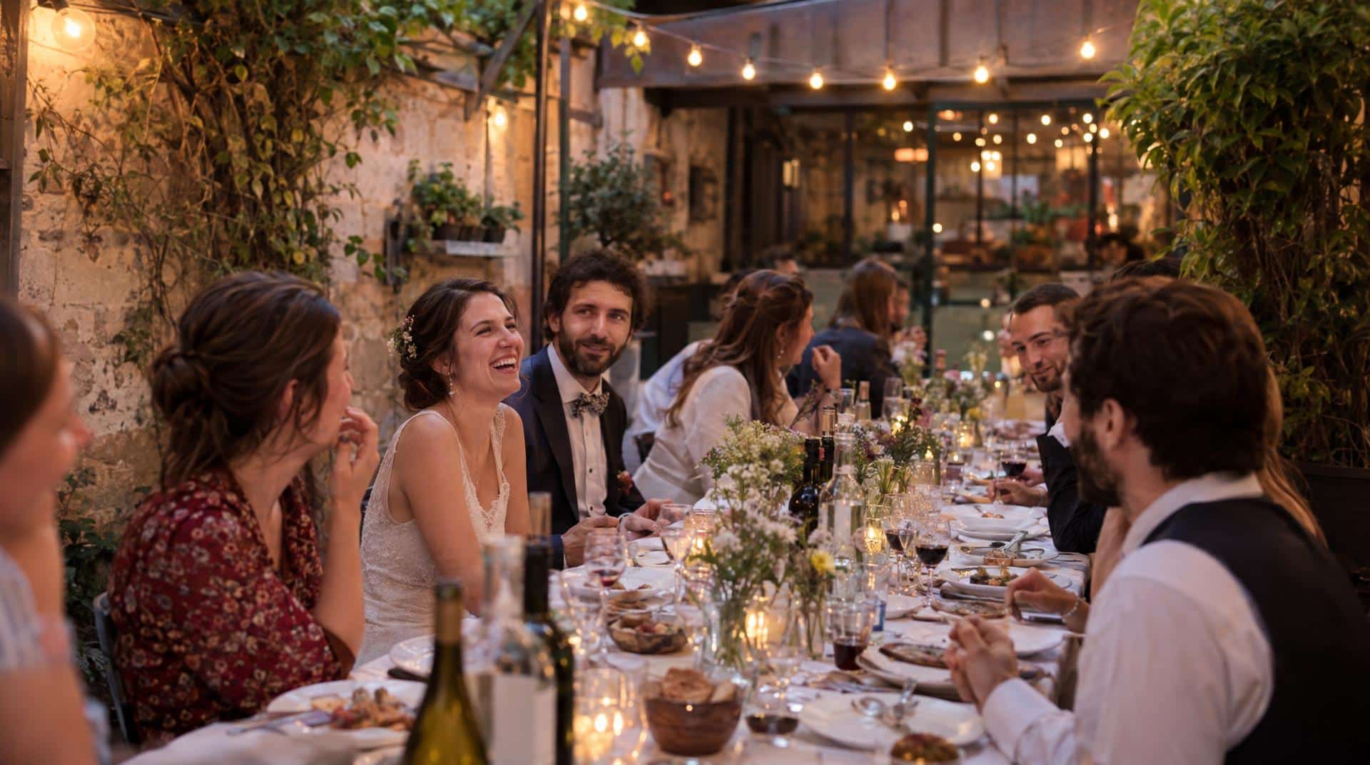 Mariage à petit budget à Paris dans la cour couverte d'une guinguette, longue table et guirlandes