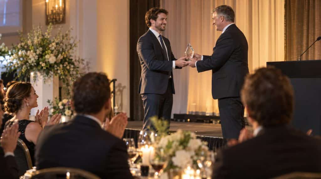 Soirée de gala d’entreprise : remise d’un trophée sur scène devant les collègues attablés