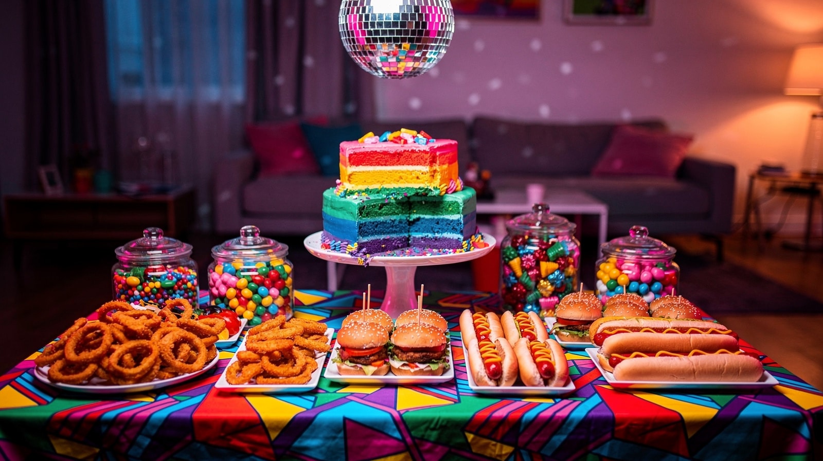 Buffet de soirée années 80 avec onion rings, mini-burgers, hot-dogs et gâteau arc-en-ciel sous une boule à facettes