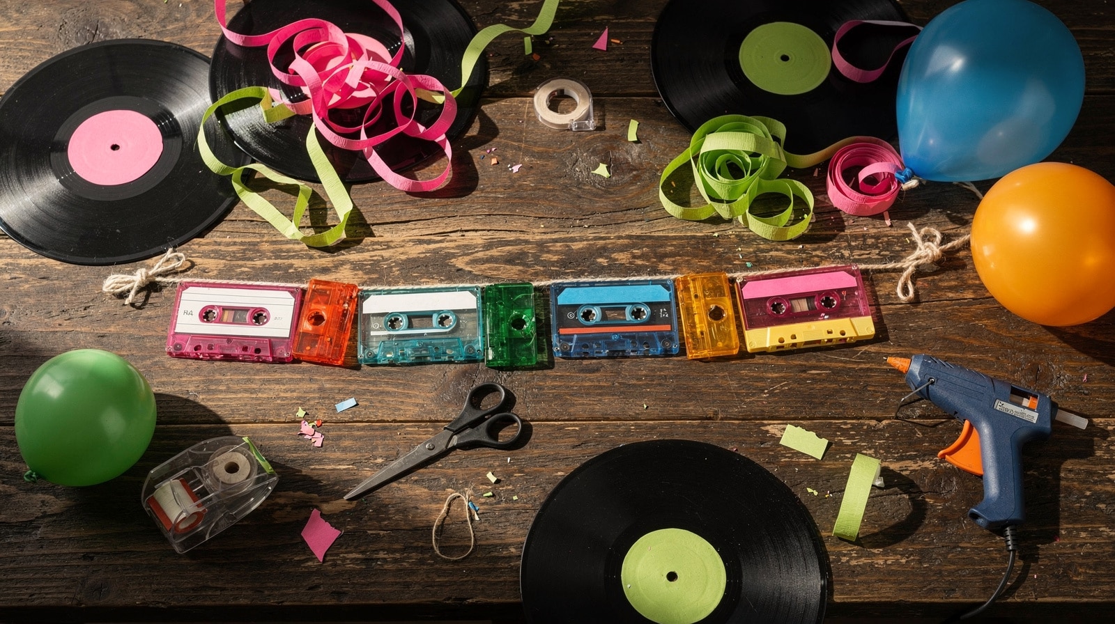 Guirlande de cassettes audio, vinyles et serpentins fluo pour une déco années 80 à faire soi-même