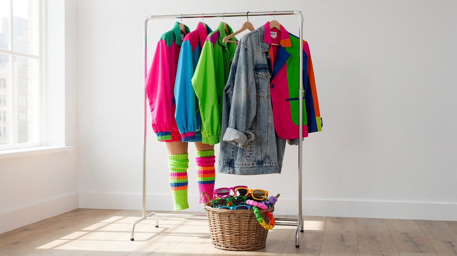 Portant de tenues pour une soirée années 80 : coupe-vent fluo, veste en jean, blazer à épaulettes, jambières et lunettes