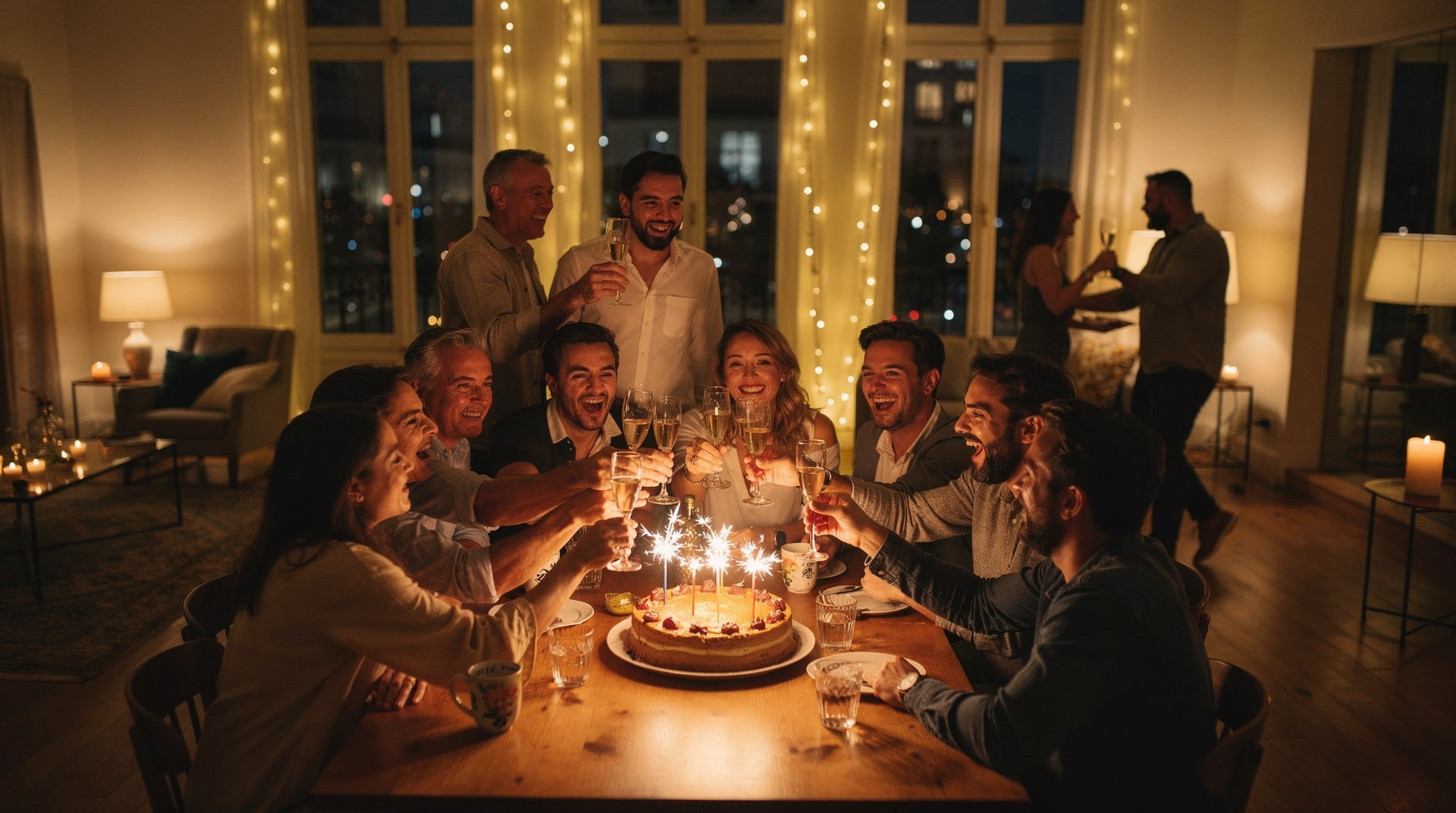 Amis qui trinquent au champagne autour d'un gâteau à bougies étincelles lors d'une soirée d'anniversaire adulte dans un appartement