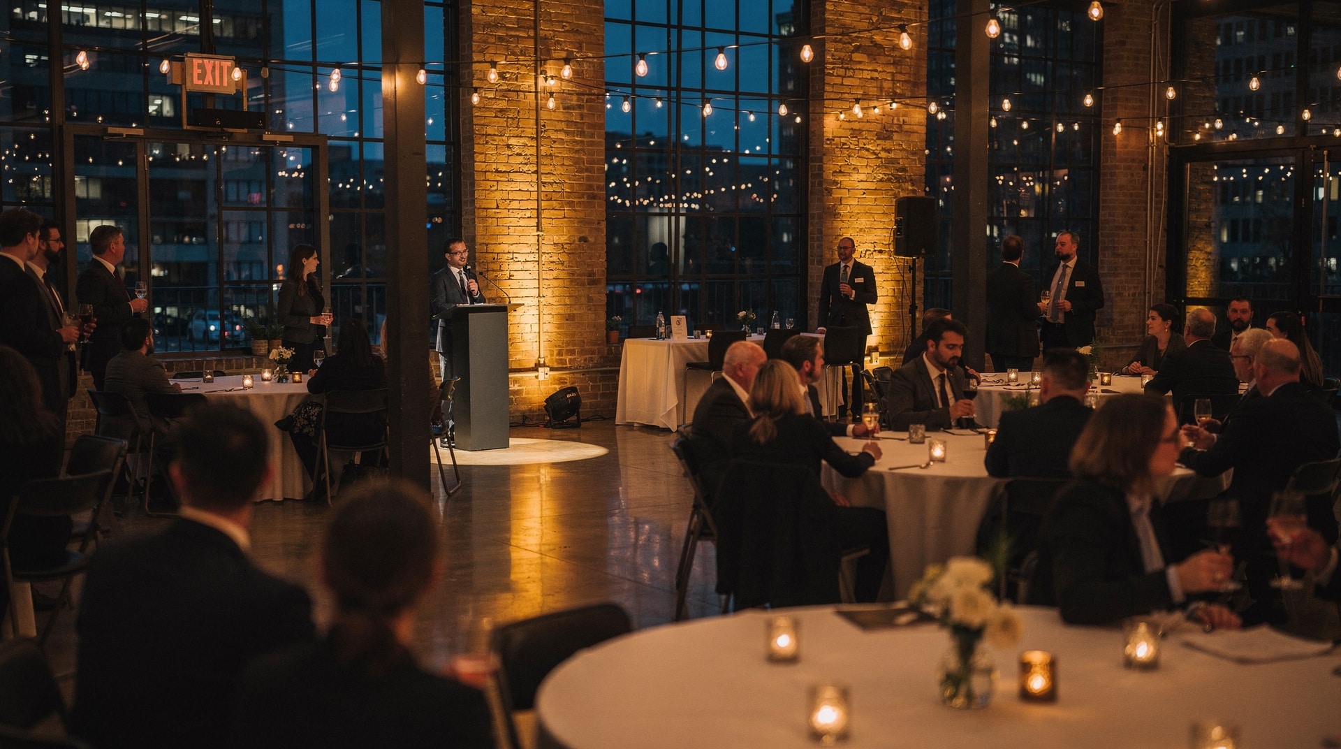 Animation de soirée d’entreprise : salle de réception sous guirlandes lumineuses, tables rondes et animateur au micro sur scène