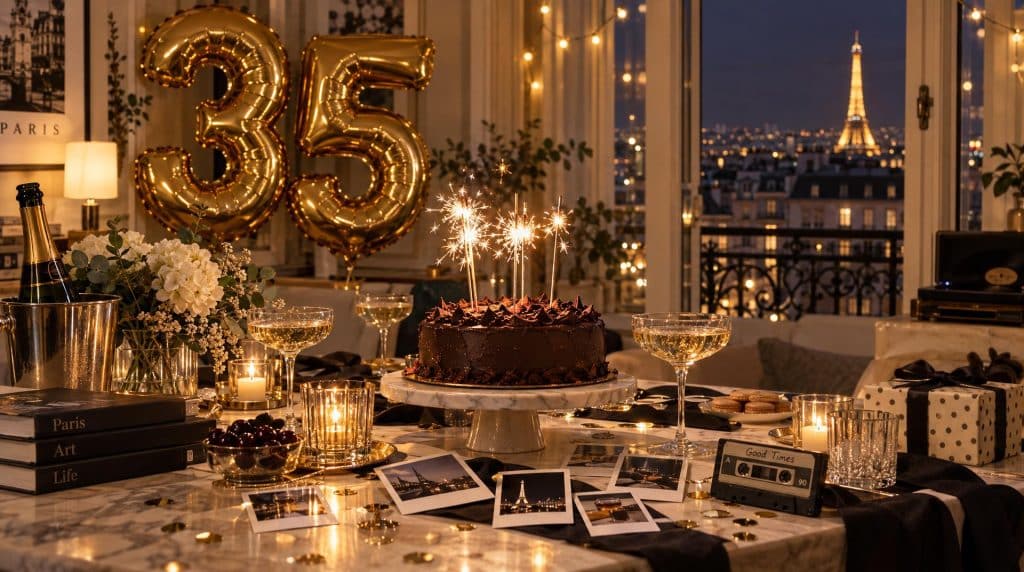 Anniversaire 35 ans : table de fête avec ballons dorés 35, gâteau à bougies étincelles et vue sur Paris