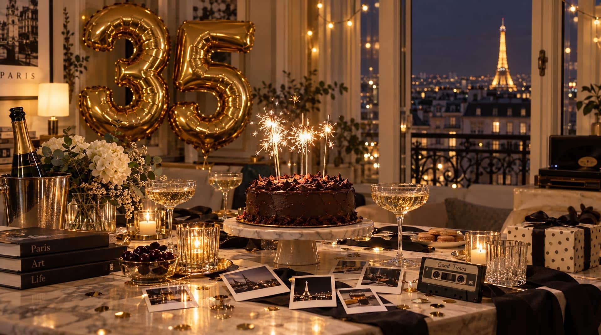 Anniversaire 35 ans : table de fête avec ballons dorés 35, gâteau à bougies étincelles et vue sur Paris