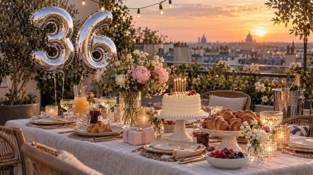 Anniversaire 36 ans : brunch sur une terrasse avec ballons argentés 36 et gâteau au coucher du soleil