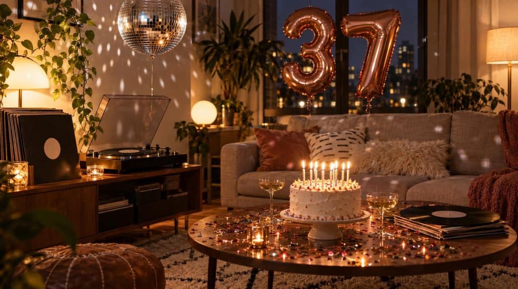 Anniversaire 37 ans : salon décoré de ballons 37, platine vinyle, boule à facettes et gâteau à bougies
