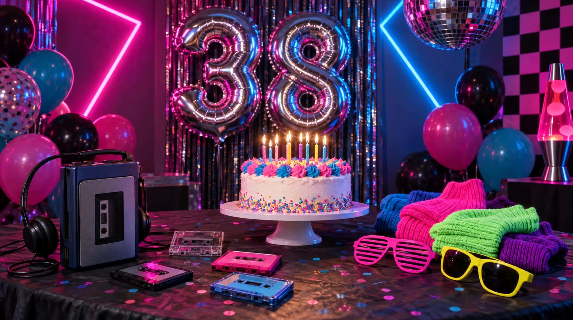 Anniversaire 38 ans : décor années 80 avec néons, ballons 38, cassettes, jambières et gâteau