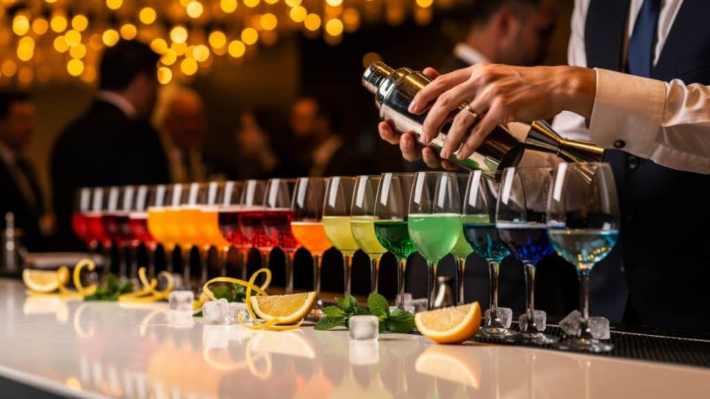 Atelier de mixologie en soirée d’entreprise : barman qui sert une rangée de cocktails colorés au bar