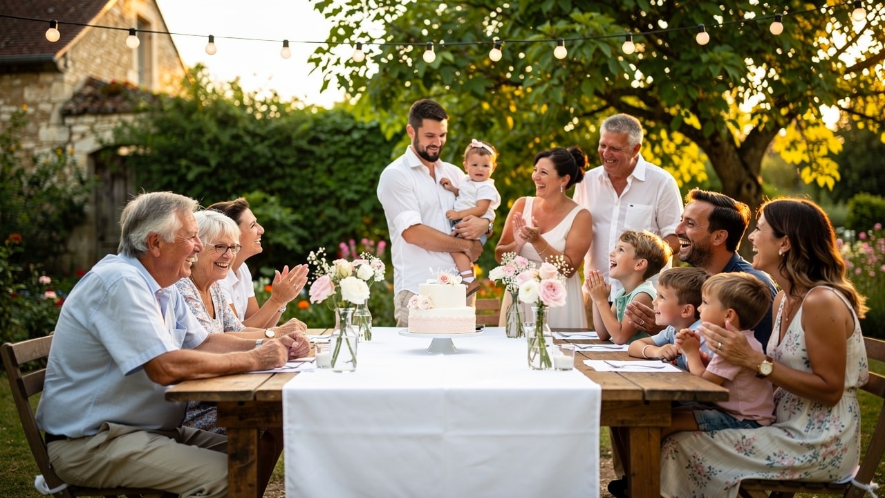 Repas de famille dans un jardin après un baptême civil, le papa tient l'enfant devant une table nappée de blanc