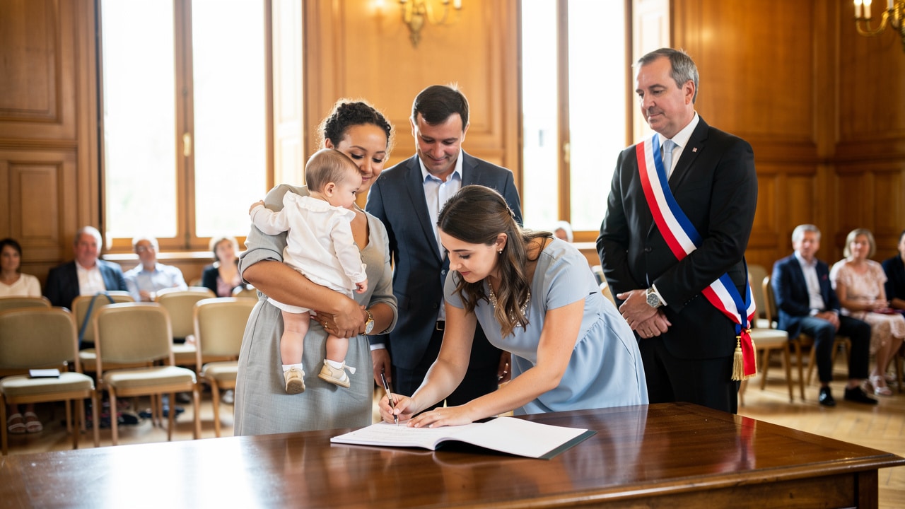 Baptême civil en mairie : la marraine signe le certificat de parrainage devant les parents, l'enfant et l'élu ceint de son écharpe tricolore