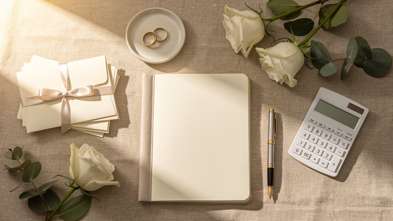 Budget mariage : carnet ouvert, calculatrice, alliances et faire-part sur une nappe en lin pour préparer le coût du mariage