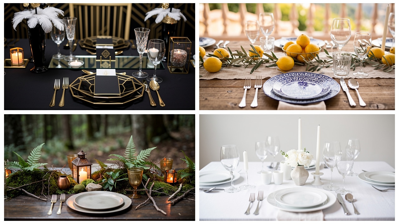 Quatre idées de thème de mariage en tables dressées : Gatsby noir et or, Dolce Vita aux citrons, forêt enchantée et Quiet Luxury blanc