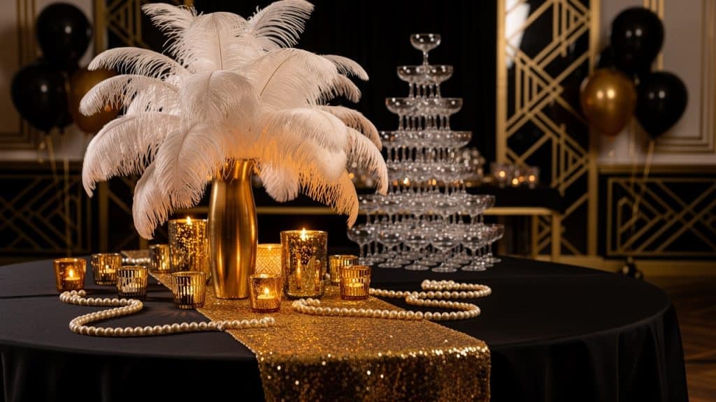 Table de soirée Gatsby en noir et or avec plumes d'autruche, colliers de perles, chemin de table à sequins et pyramide de coupes de champagne