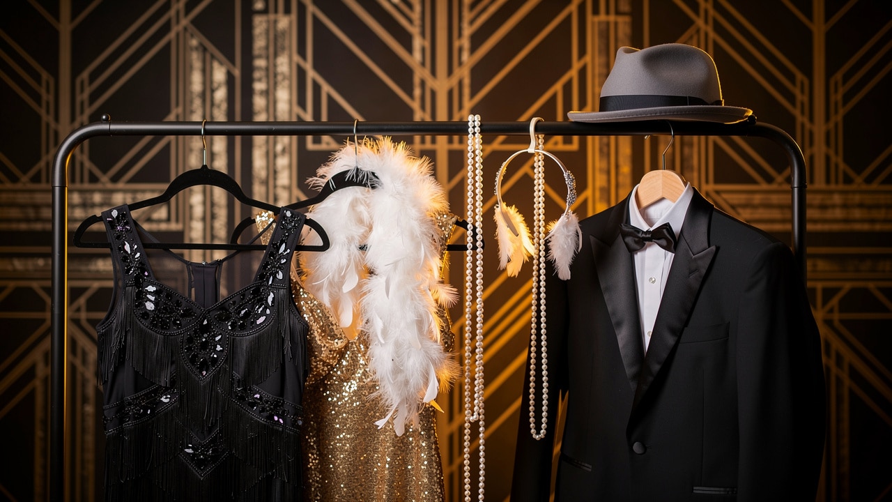 Portant de tenues pour une soirée Gatsby : robe à franges noire, robe à sequins dorée, boa de plumes, sautoirs de perles, smoking et chapeau fedora